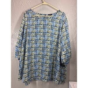 Sami & Jo Top Black Blue Aqua Blouse Button Sleeve Accents Womens Plus Size 2X